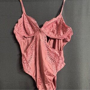 La Senza Dusty Rose Lace Cutout Bodysuit Lingerie Teddy One Piece Boho Chic M